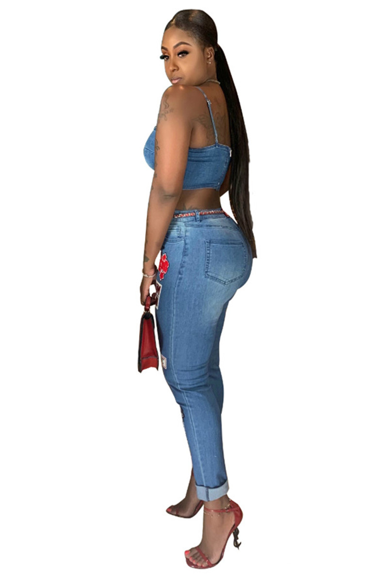 Ladies Denim Vest + Flared Jeans With Embroidered Cartoon Patches Sets