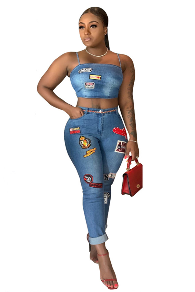 Ladies Denim Vest + Flared Jeans With Embroidered Cartoon Patches Sets