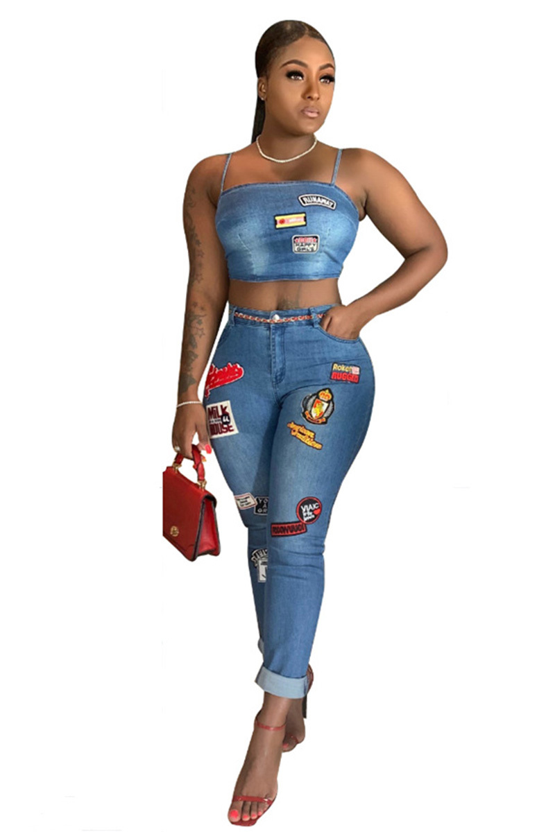 Ladies Denim Vest + Flared Jeans With Embroidered Cartoon Patches Sets
