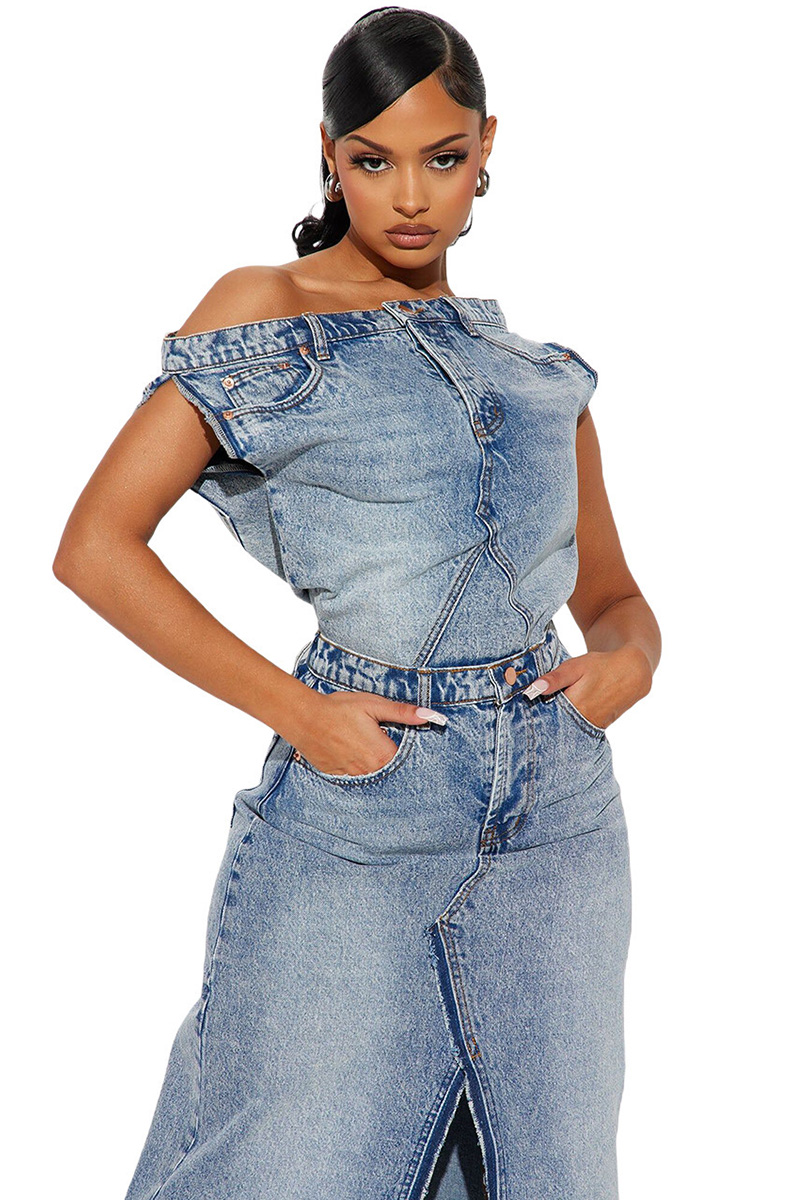 Women's Vintage Two Piece Denim Skirt Set With Side Slit