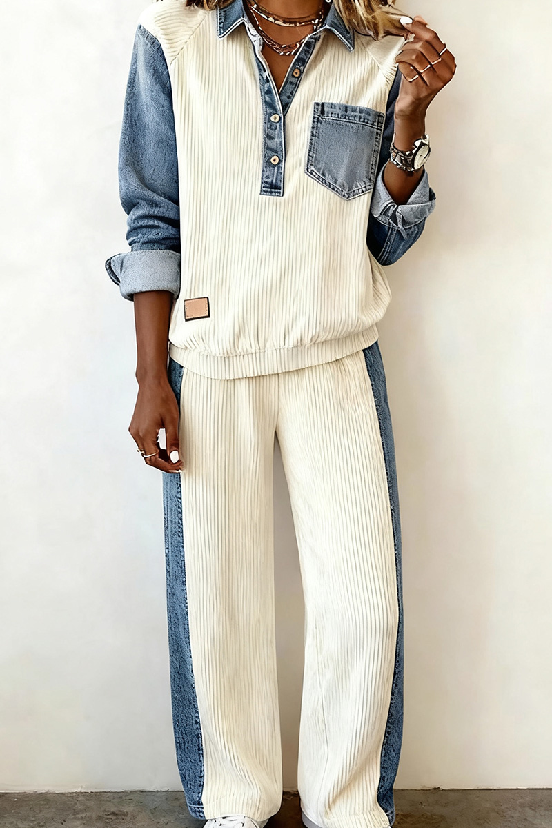 Ladies Designer Denim Set With Lapel And Sleeve Panel Details