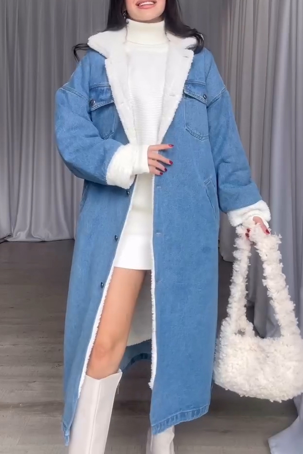Fashion Shearling Lined Denim Coat With Lapel Collar