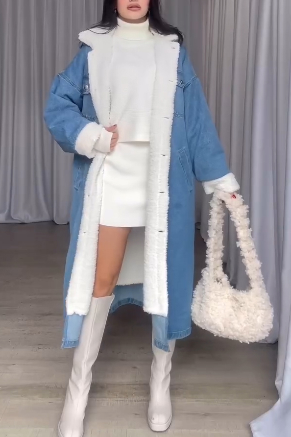 Fashion Shearling Lined Denim Coat With Lapel Collar