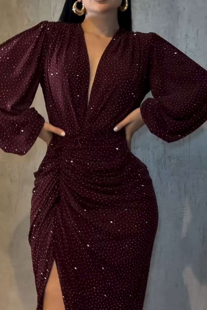 Women's V-Neck Sequin Slit Hem Party Dress