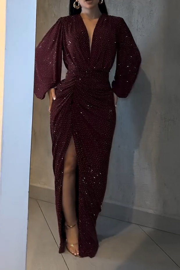 Women's V-Neck Sequin Slit Hem Party Dress