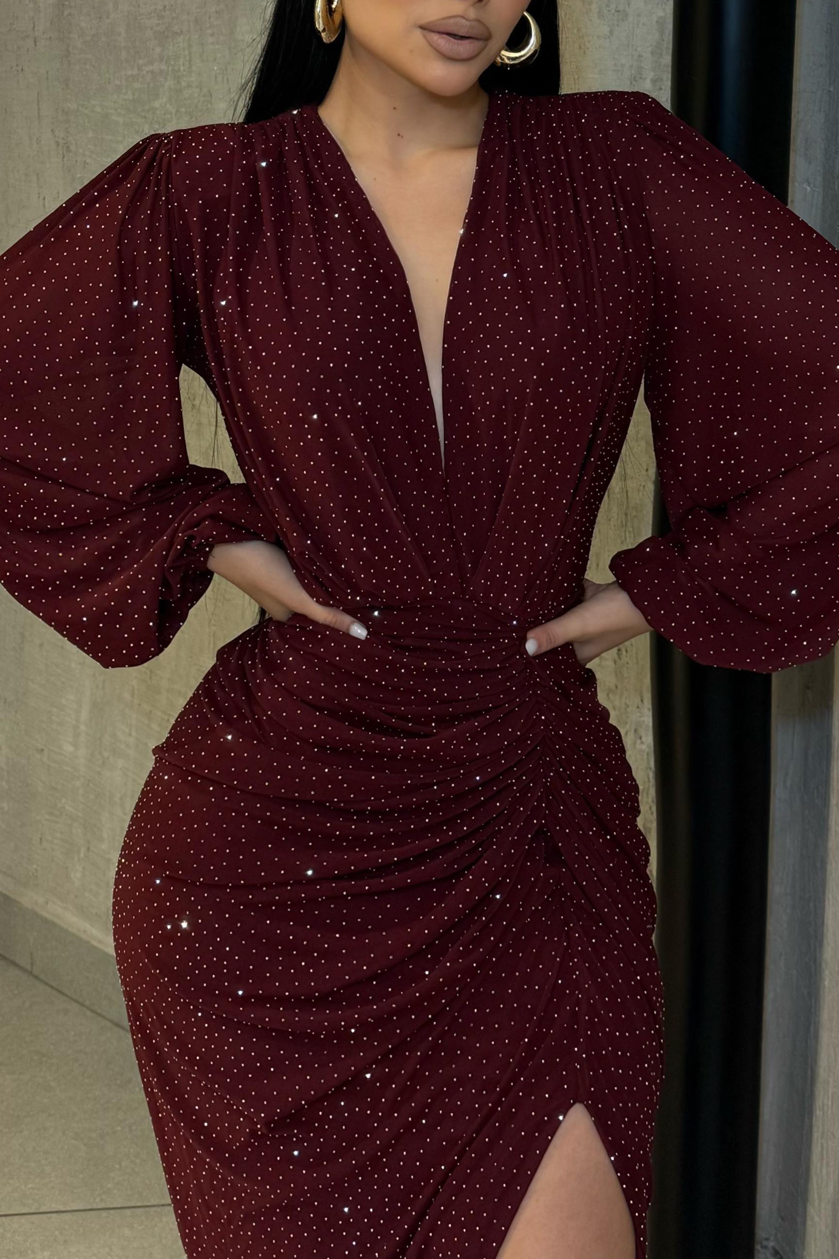 Women's V-Neck Sequin Slit Hem Party Dress