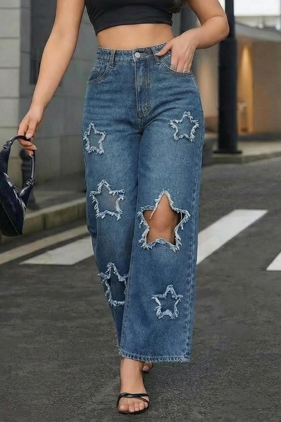 Ladies Star Cut-Out Raw Hem Distressed Jeans