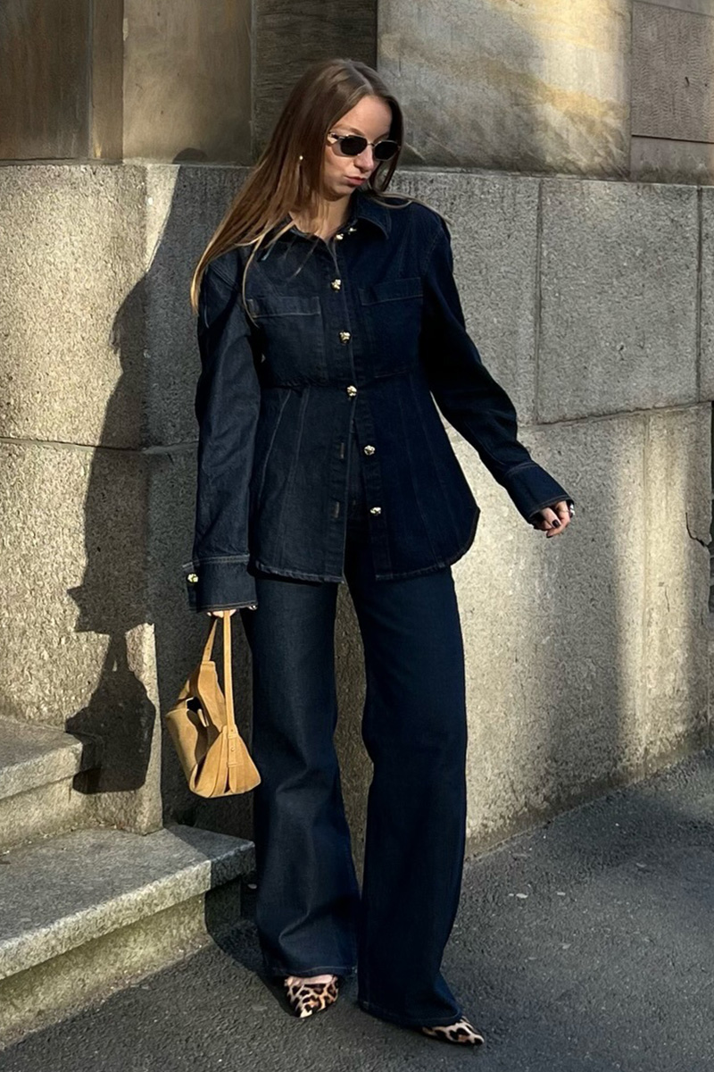 Button Down Denim Jacket And Jeans Set For Women