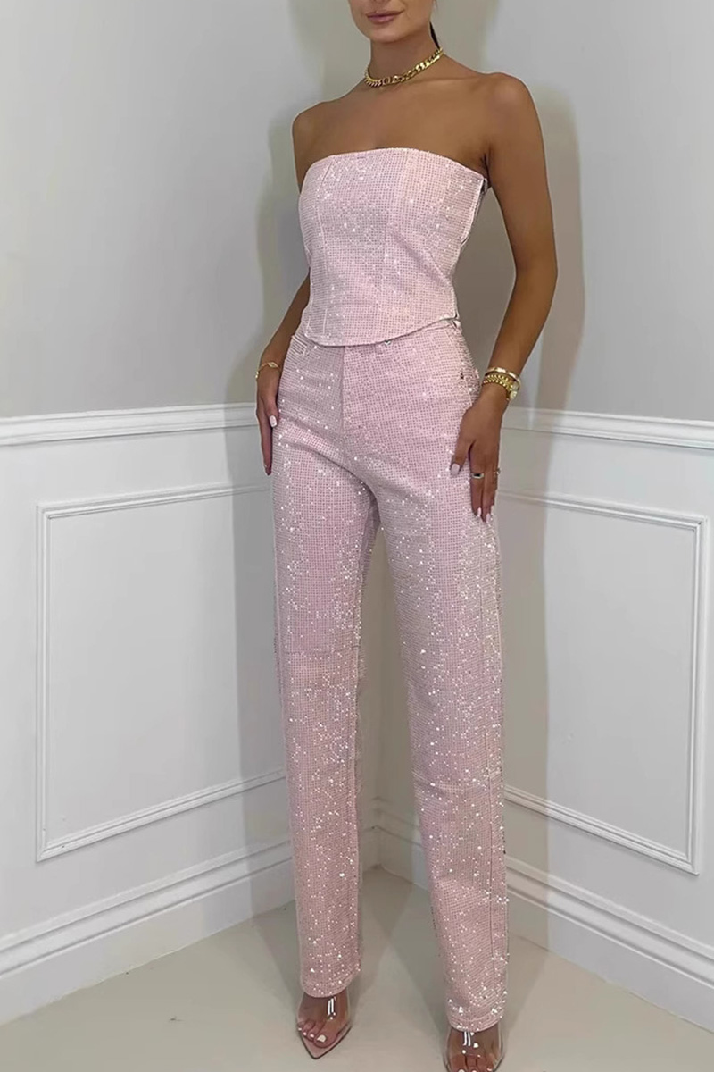 Ladies' Sexy Off Shoulder Sparkling Camisole With Diamond Trim Pants