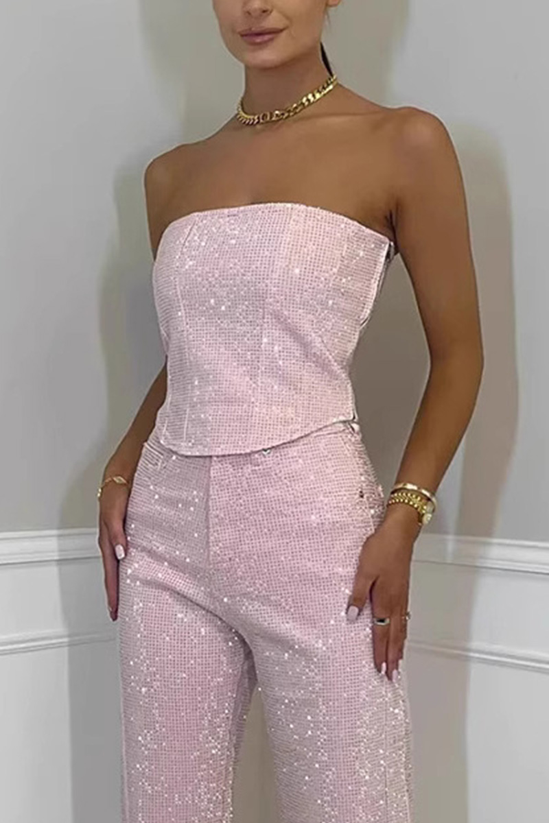 Ladies' Sexy Off Shoulder Sparkling Camisole With Diamond Trim Pants