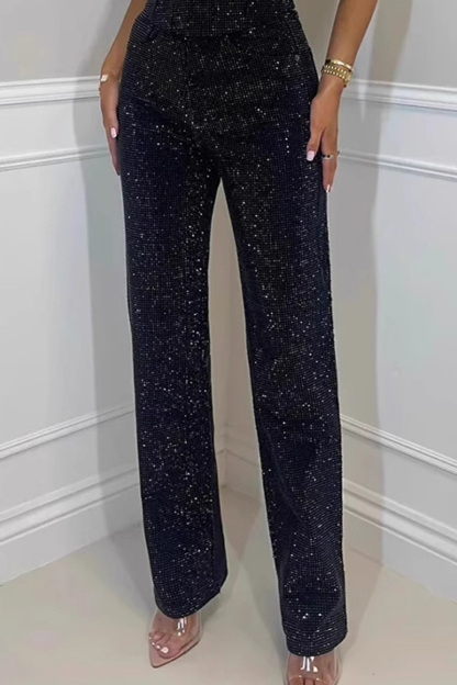 Ladies' Sexy Off Shoulder Sparkling Camisole With Diamond Trim Pants