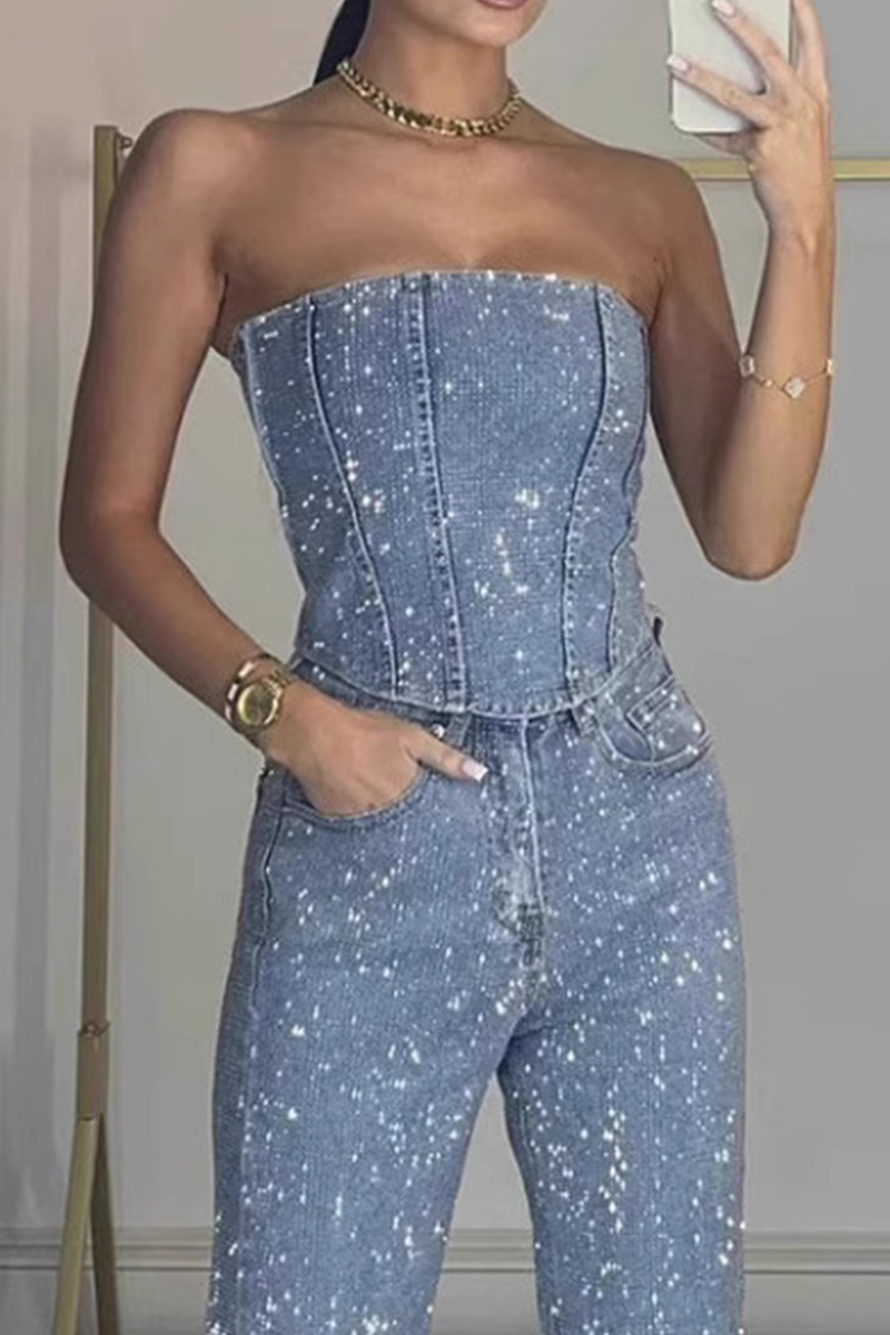 Ladies' Sexy Off Shoulder Sparkling Camisole With Diamond Trim Pants