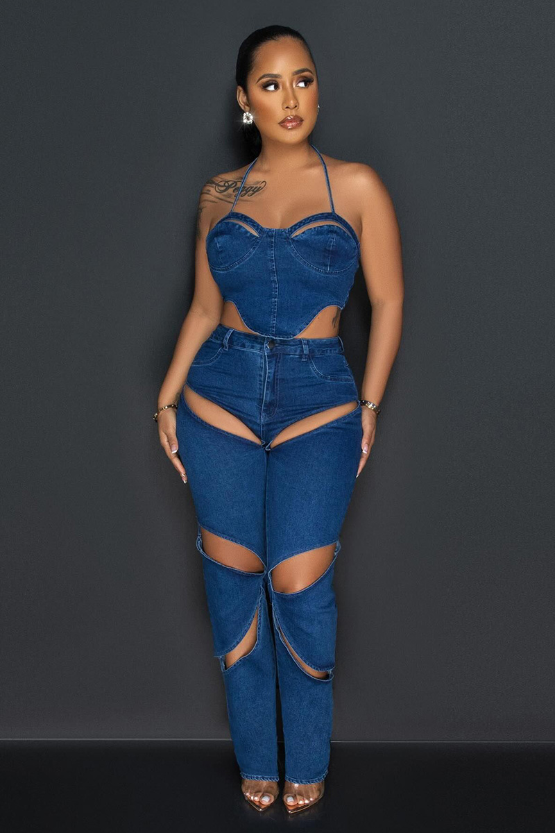 Ladies Distressed Cut-Out Denim Vest And Stretch Jeans Set