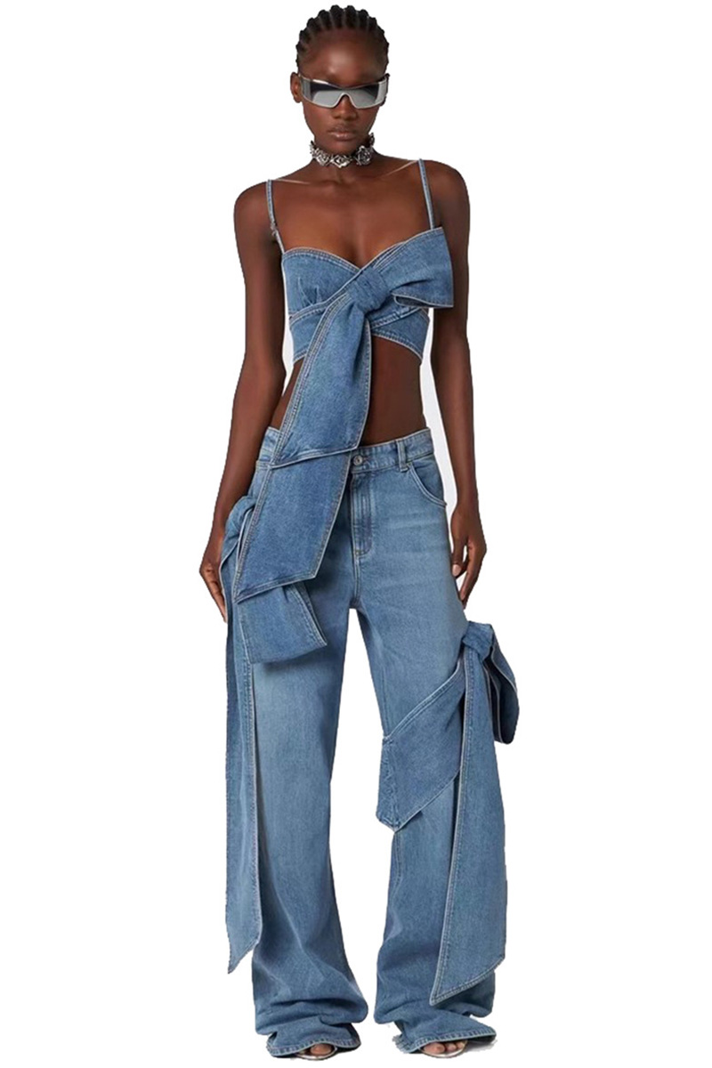 Ladies Off Shoulder Bow Top With Vintage Straight Leg Jeans Sets