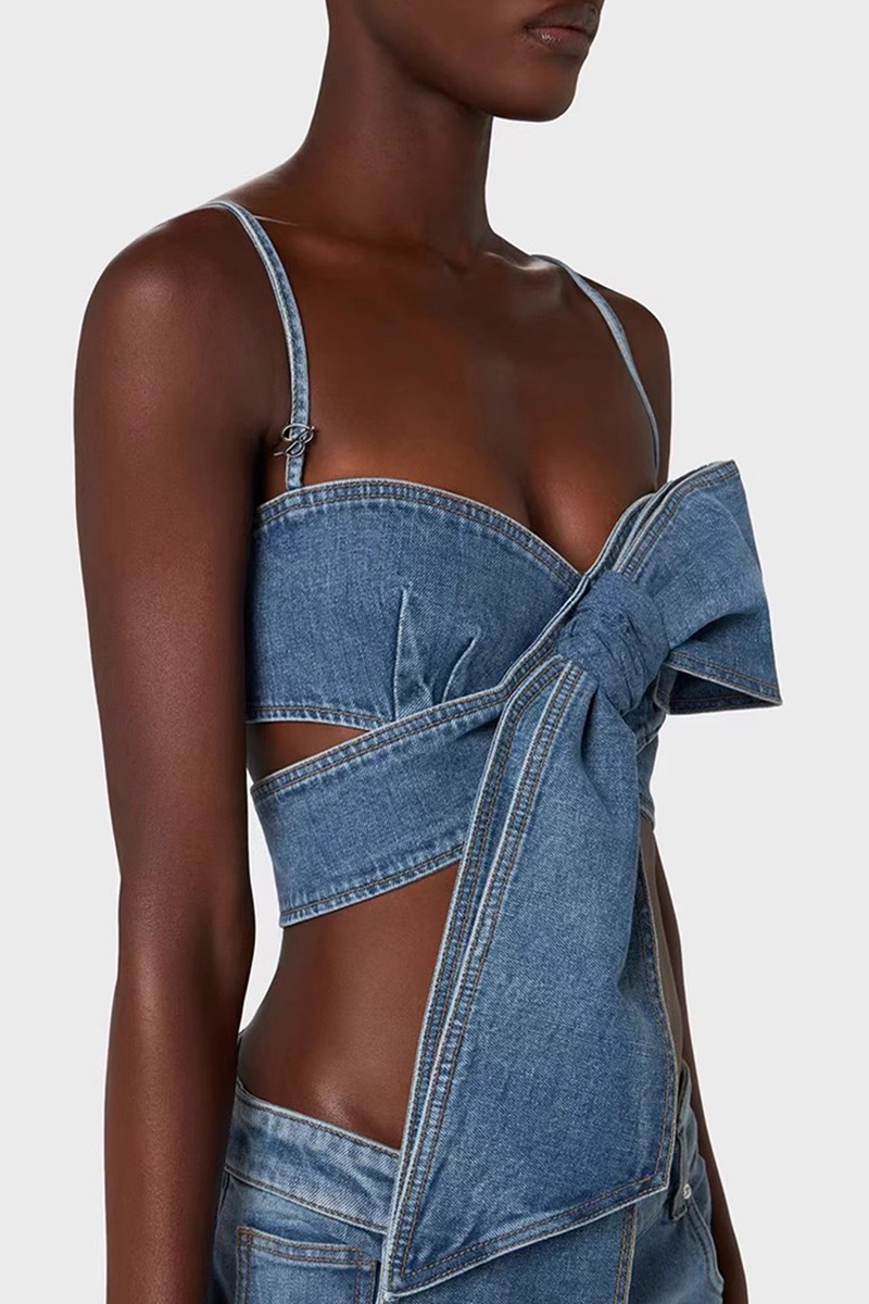 Ladies Off Shoulder Bow Top With Vintage Straight Leg Jeans Sets
