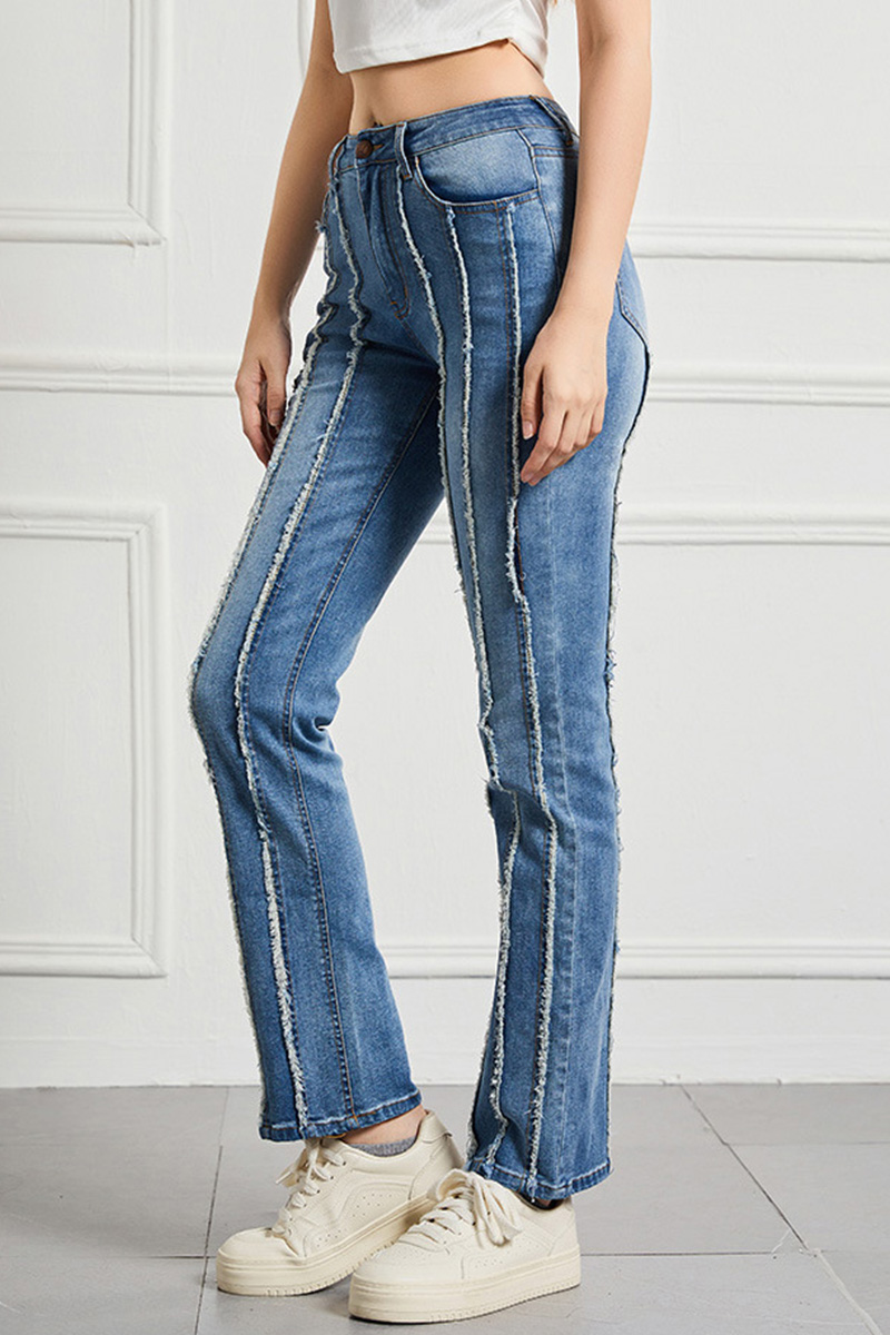 Women's Mid Rise Stretch Raw Hem Patchwork Jeans