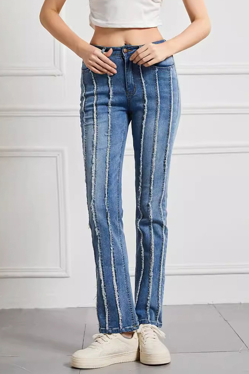 Women's Mid Rise Stretch Raw Hem Patchwork Jeans