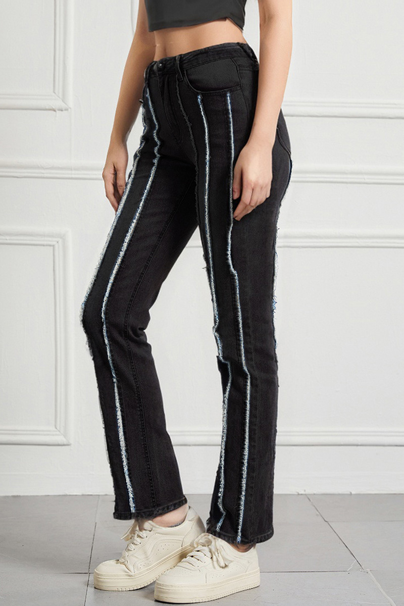 Women's Mid Rise Stretch Raw Hem Patchwork Jeans