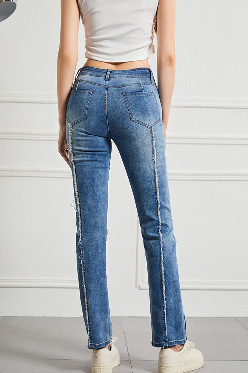 Women's Mid Rise Stretch Raw Hem Patchwork Jeans