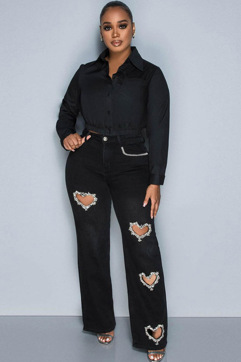 Women's Distressed Jeans With Heart Cutouts & Crystal Embellishments