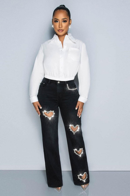 Women's Distressed Jeans With Heart Cutouts & Crystal Embellishments