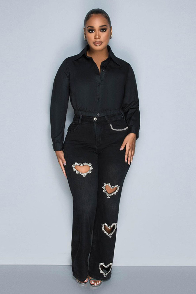 Women's Distressed Jeans With Heart Cutouts & Crystal Embellishments