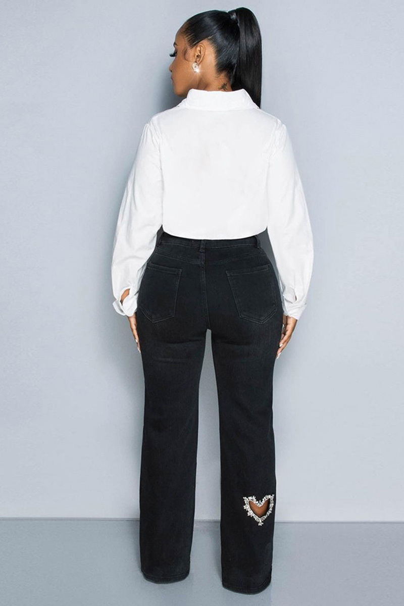 Women's Distressed Jeans With Heart Cutouts & Crystal Embellishments