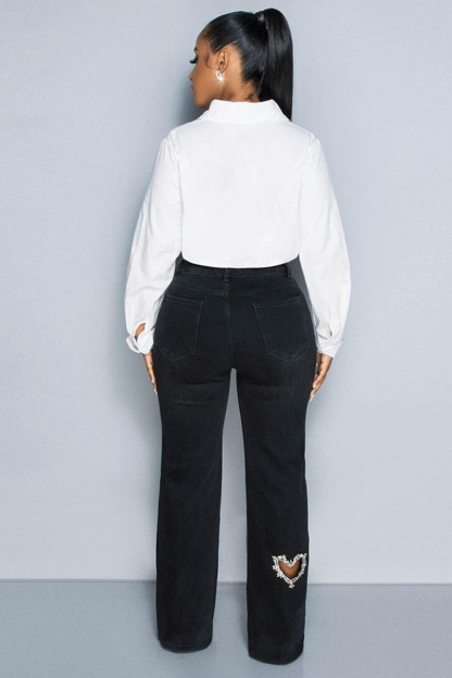 Women's Distressed Jeans With Heart Cutouts & Crystal Embellishments