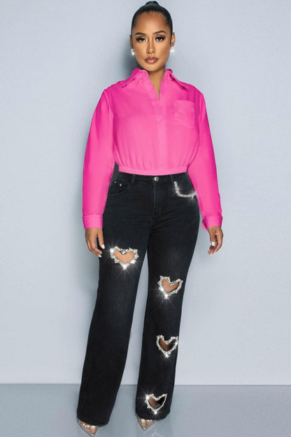 Women's Distressed Jeans With Heart Cutouts & Crystal Embellishments