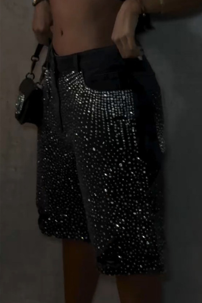Ladies Rhinestone Embellished Denim Shorts Full Coverage