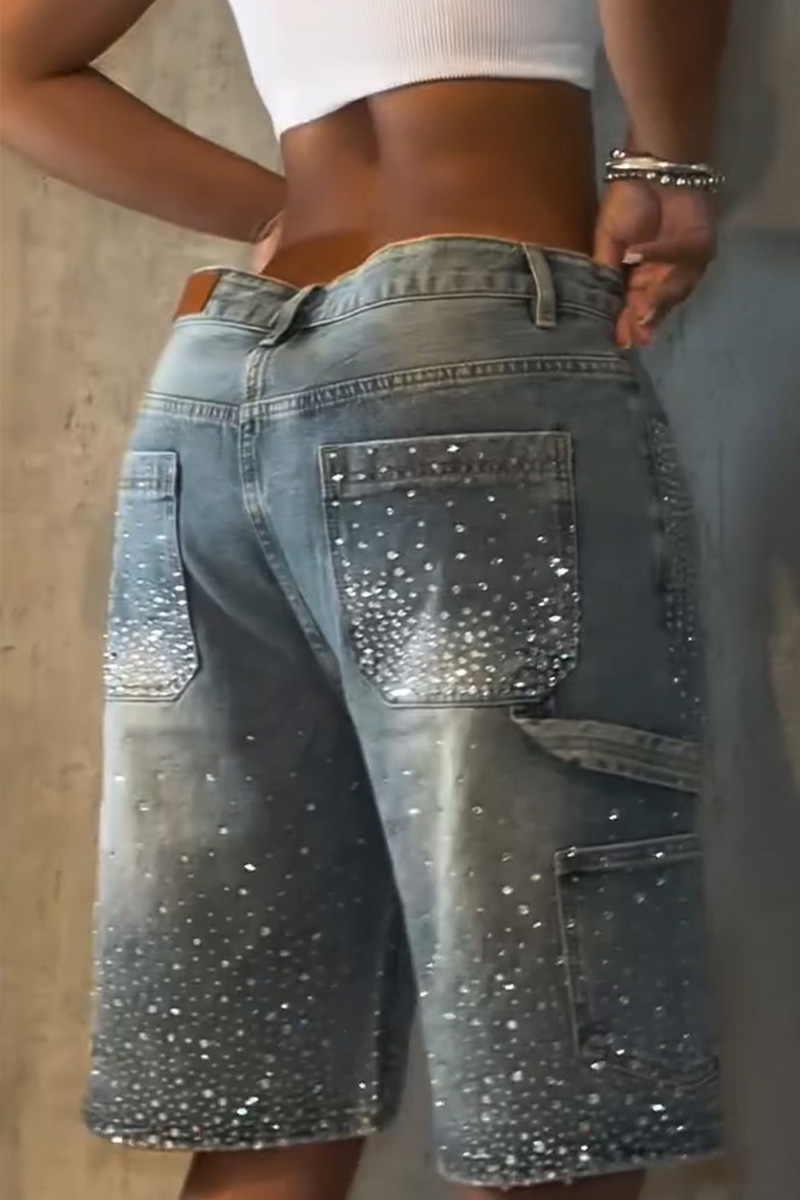 Ladies Rhinestone Embellished Denim Shorts Full Coverage