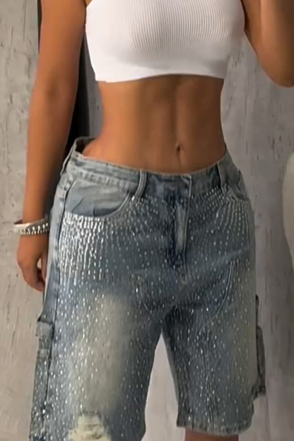 Ladies Rhinestone Embellished Denim Shorts Full Coverage