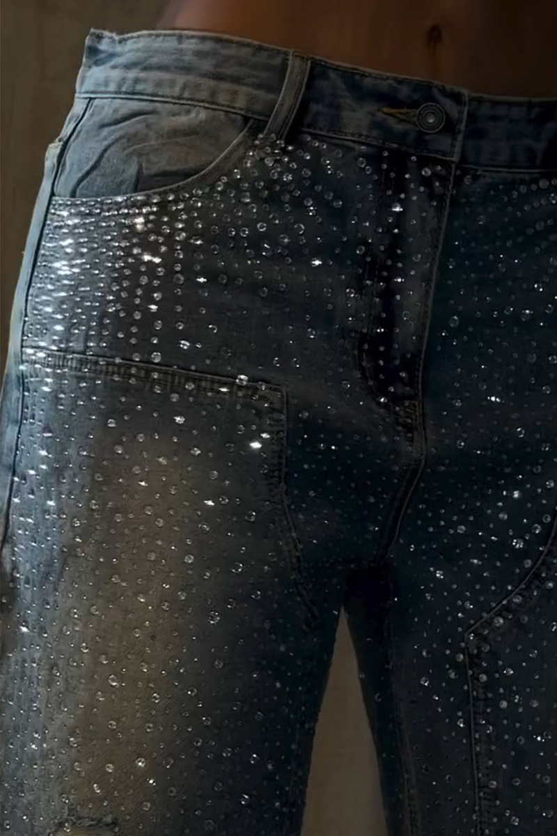 Ladies Rhinestone Embellished Denim Shorts Full Coverage