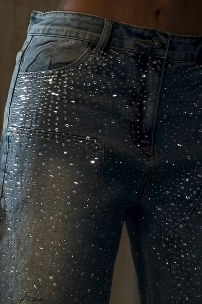 Ladies Rhinestone Embellished Denim Shorts Full Coverage