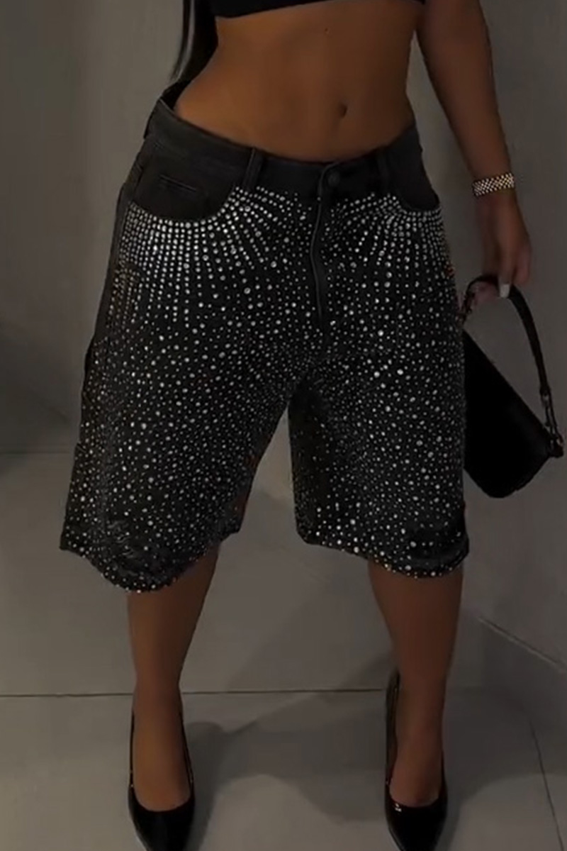 Ladies Rhinestone Embellished Denim Shorts Full Coverage