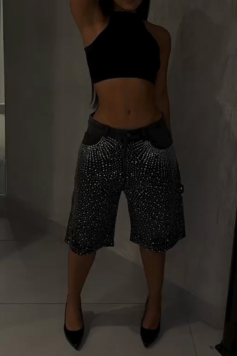 Ladies Rhinestone Embellished Denim Shorts Full Coverage