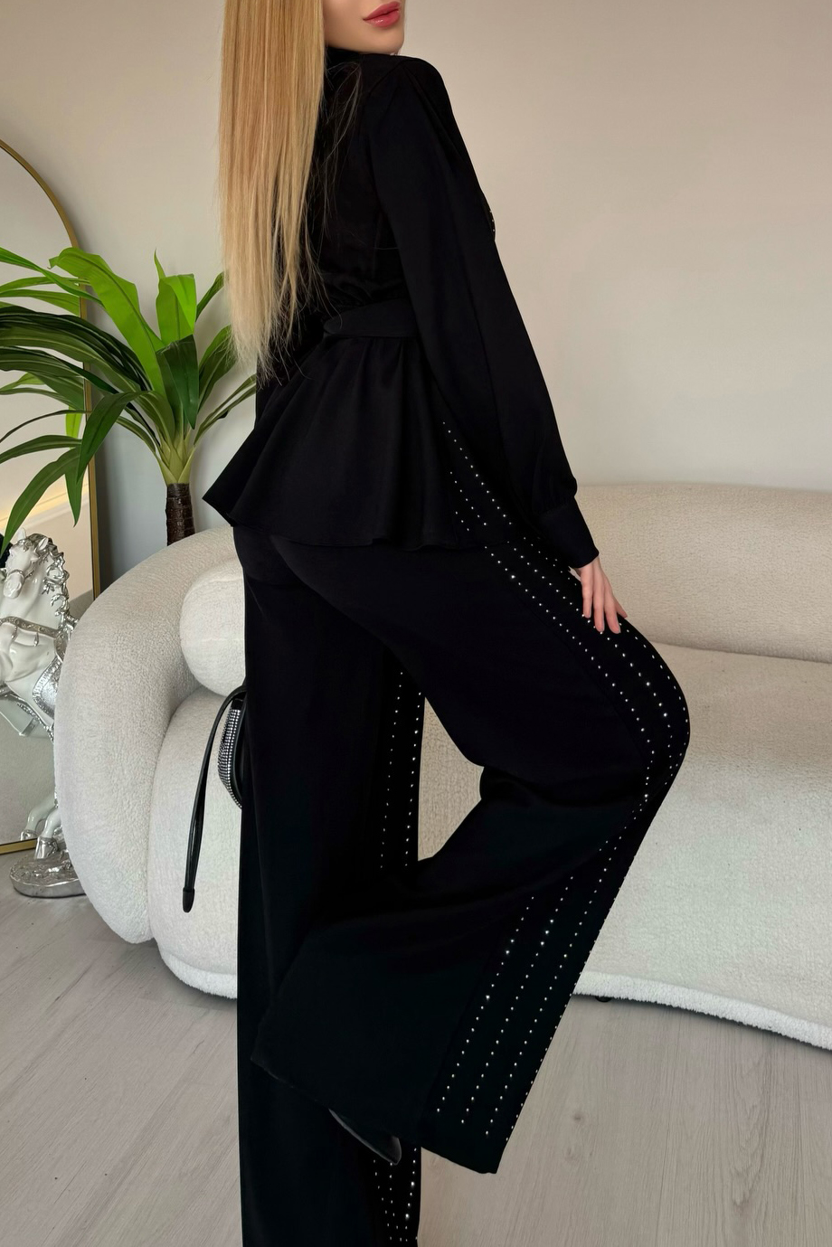 Women Rhinestone Tie Waist Jacket And Pants Set