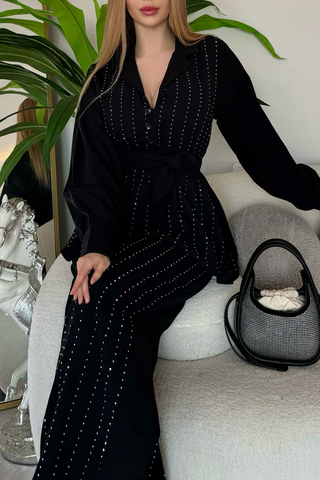 Women Rhinestone Tie Waist Jacket And Pants Set