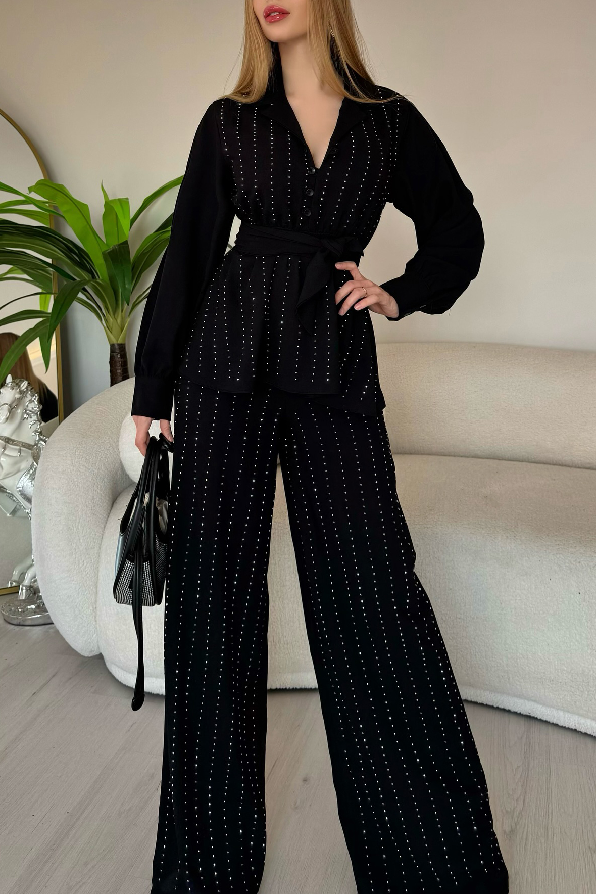 Women Rhinestone Tie Waist Jacket And Pants Set