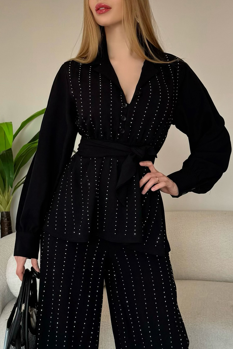 Women Rhinestone Tie Waist Jacket And Pants Set