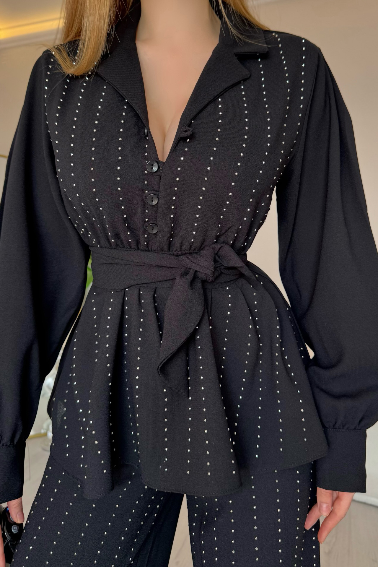 Women Rhinestone Tie Waist Jacket And Pants Set