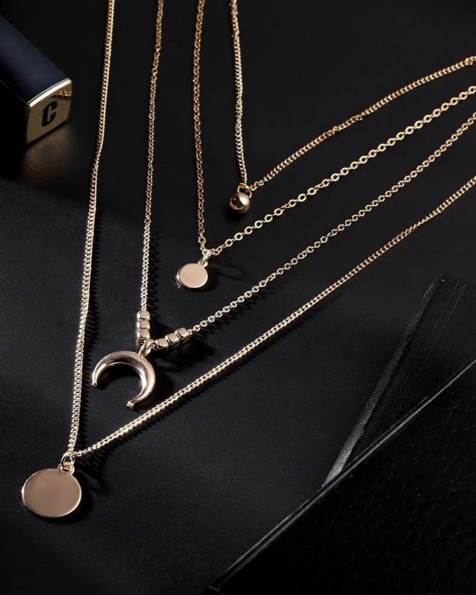 Women Boho Moon Gold Layered Pendant Chain Stacking Necklace