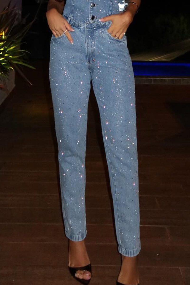 Women's Y2K Crystal Stretch Denim Vest & Rhinestone Bootcut Jeans