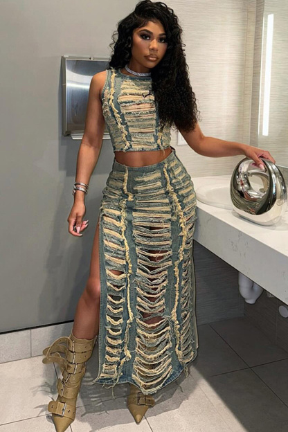 Women's Distressed Side Slit Hand Finished Denim Skirt Sets