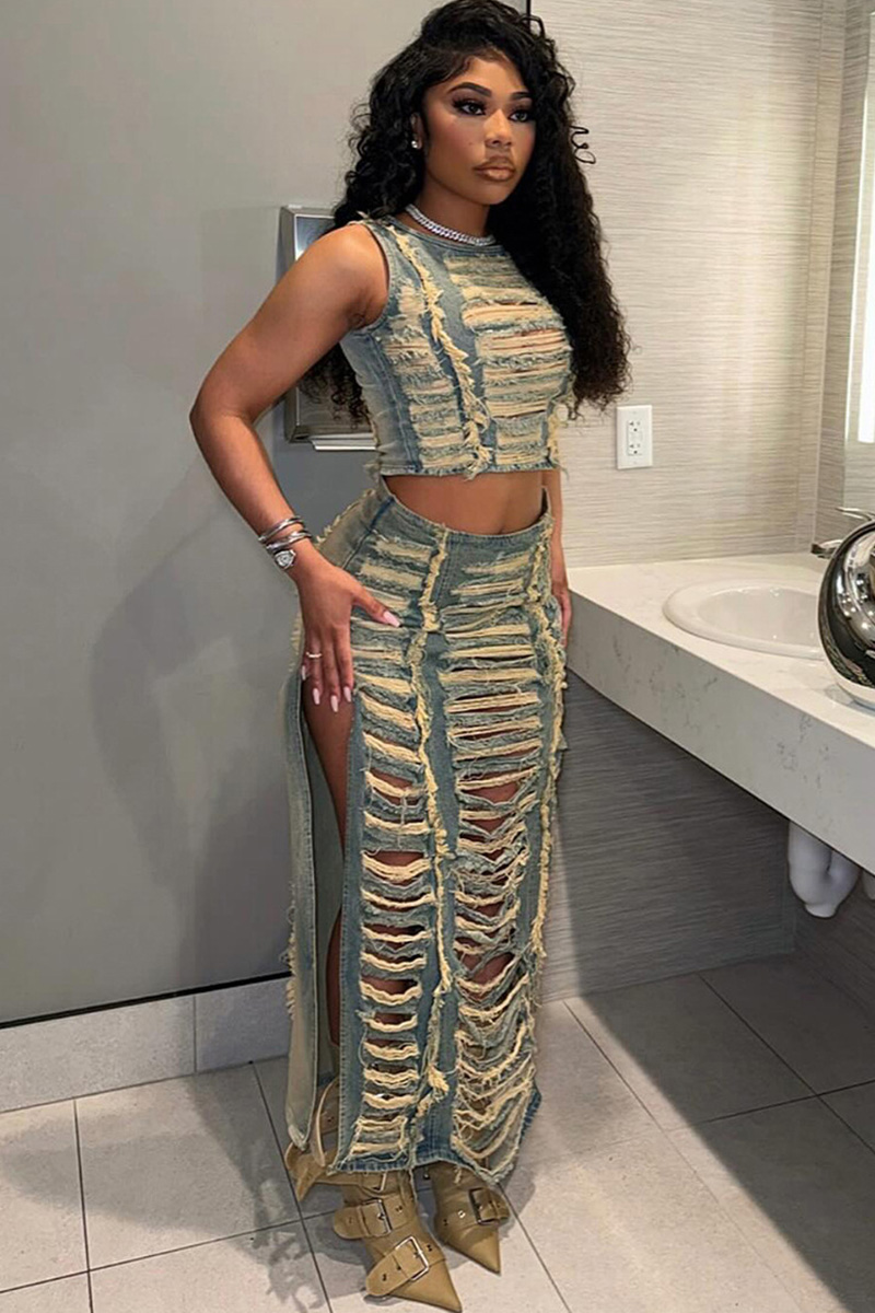 Women's Distressed Side Slit Hand Finished Denim Skirt Sets