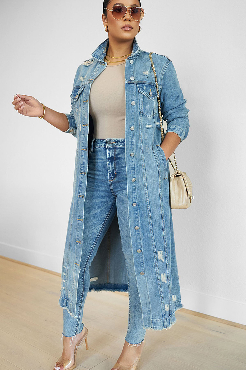 Ladies' Trendy Wash Denim Coat With Functional Pockets