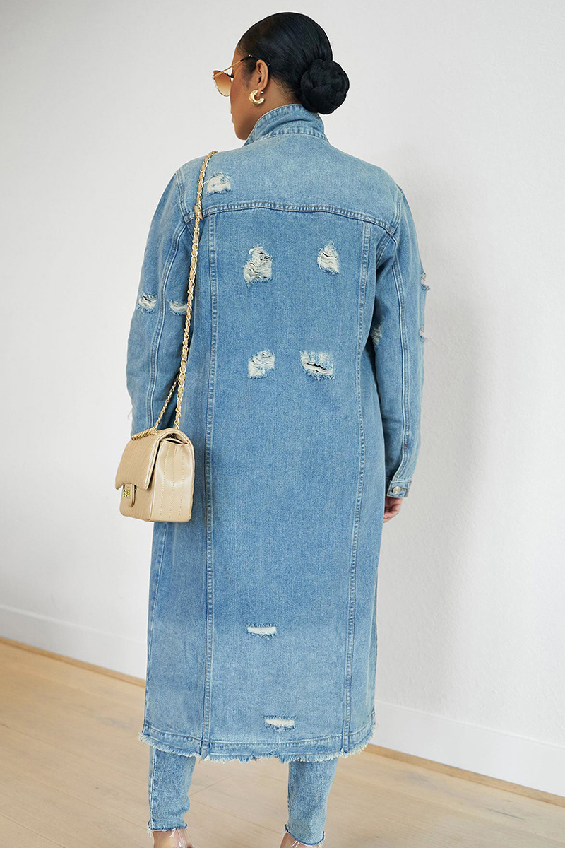 Ladies' Trendy Wash Denim Coat With Functional Pockets