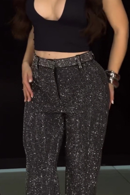 Ladies Dazzling Rhinestone Wide Leg Trousers