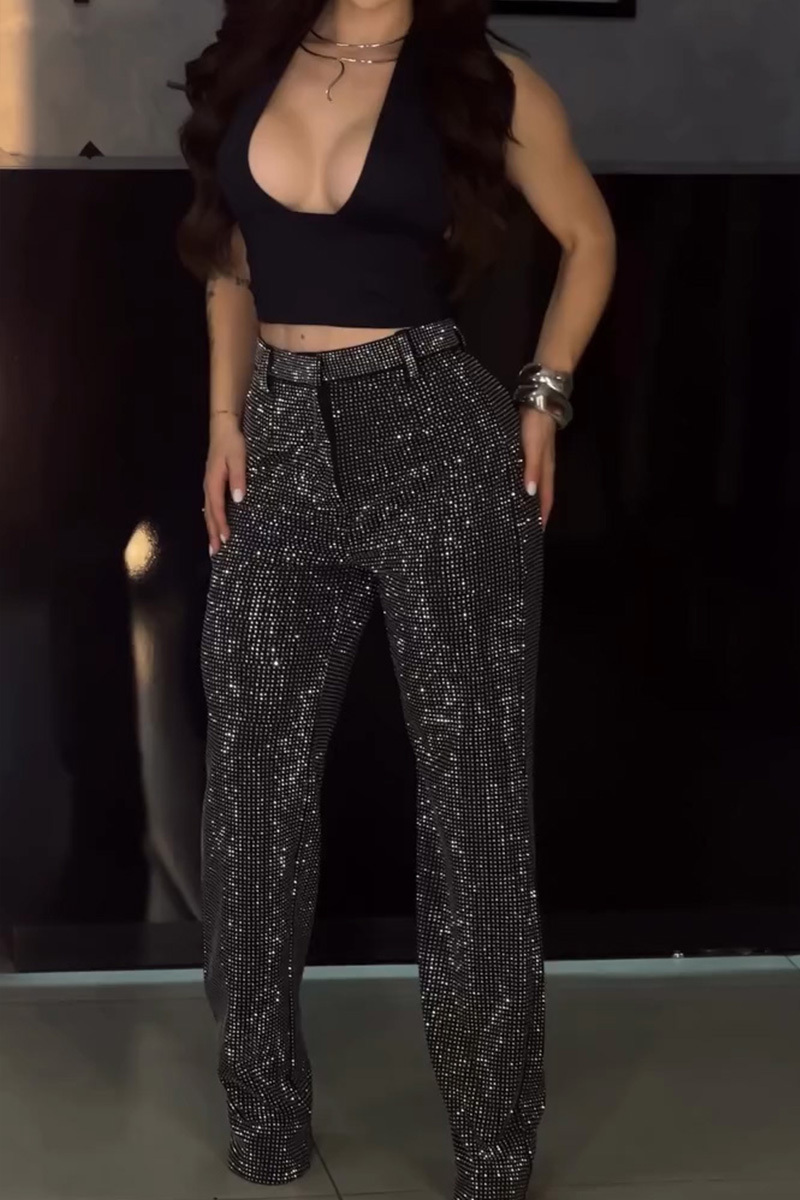 Ladies Dazzling Rhinestone Wide Leg Trousers