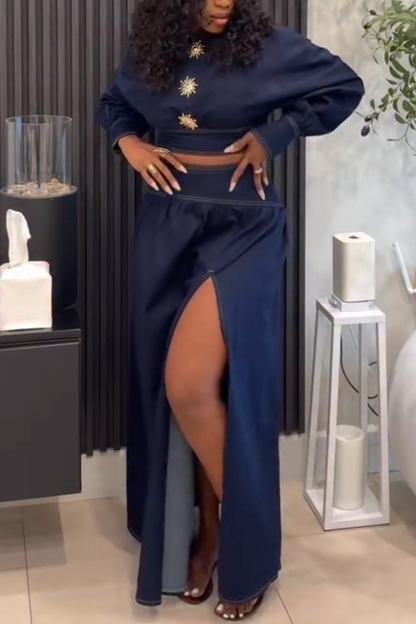 Women's Chic Drop Shoulder Top With High Slit Denim Maxi Skirt Sets